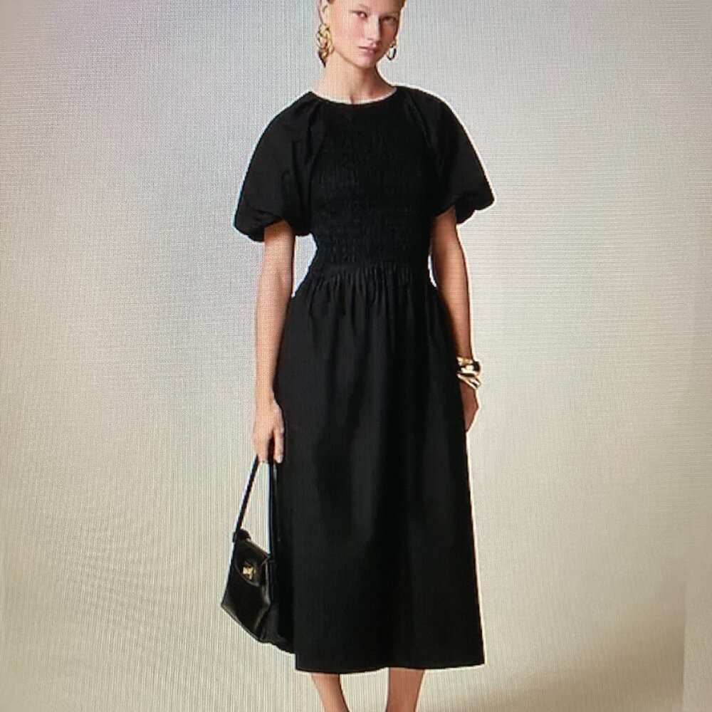 NWT - J. Crew Black Smocked Maxi with Puff Sleeves Women Size Small